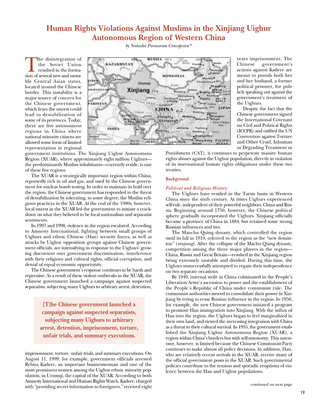 Human Rights Violations Against Muslims in the Xinjiang Uighur Autonomous Region of Western China by Natasha Parassram Concepcion*