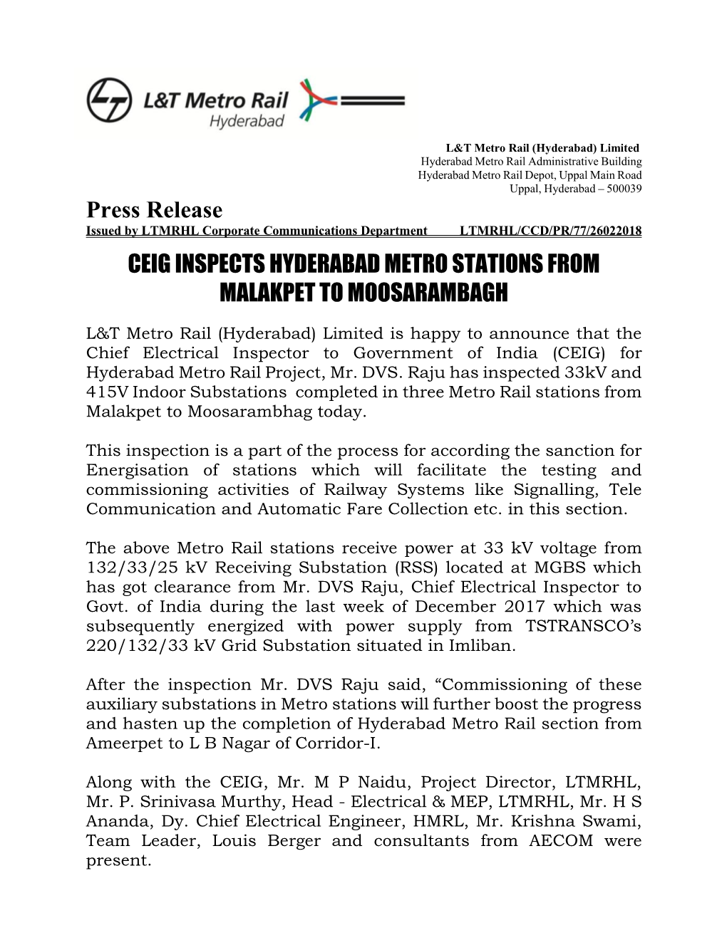 Press Release CEIG INSPECTS HYDERABAD METRO STATIONS