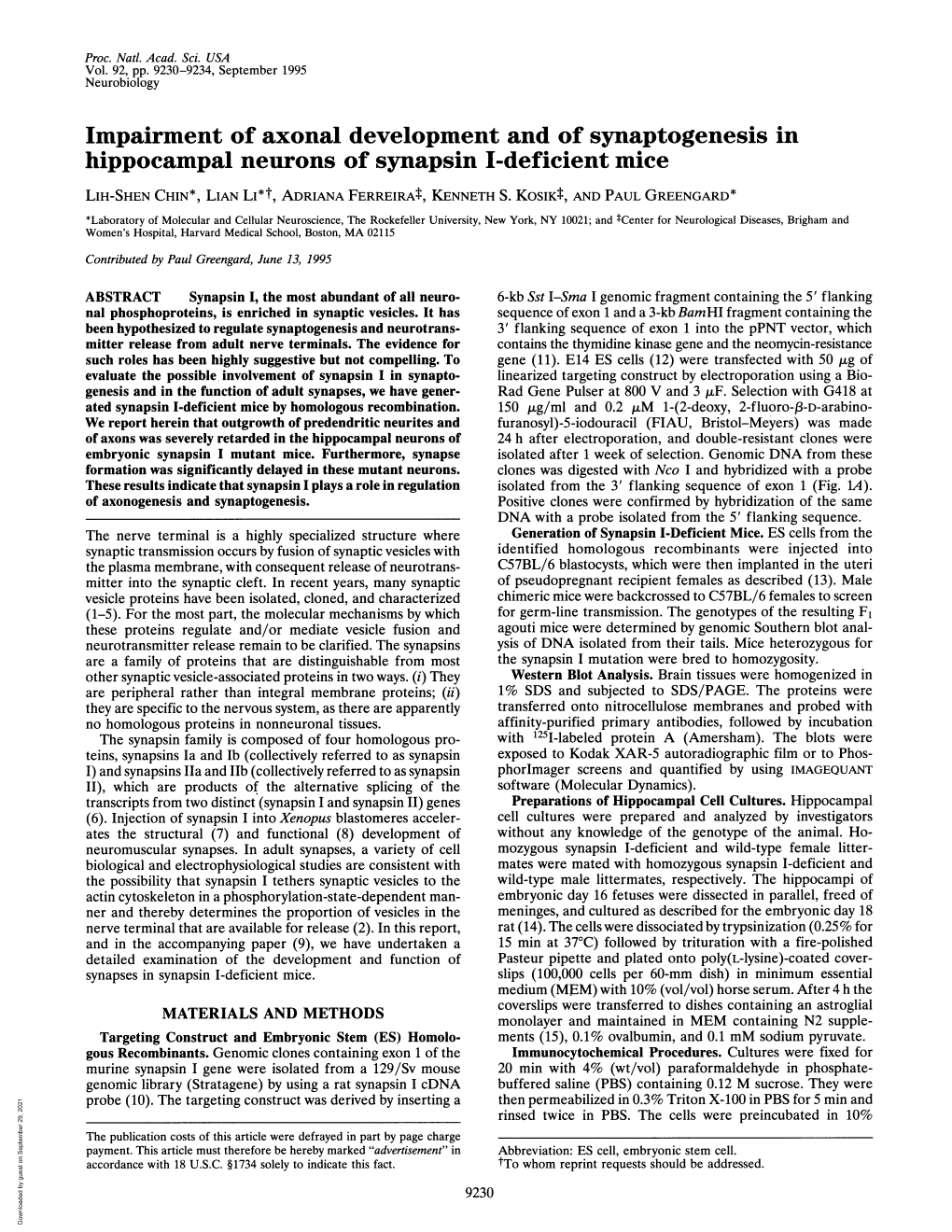 Impairment of Axonal Development and of Synaptogenesis in Hippocampal Neurons of Synapsin I-Deficient Mice