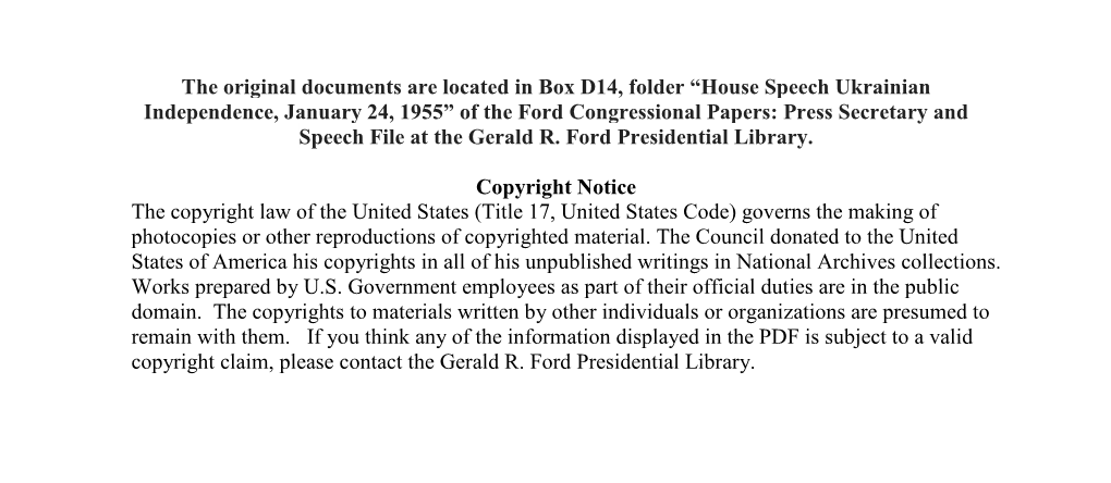 House Speech Ukrainian Independence, January 24, 1955” of the Ford Congressional Papers: Press Secretary and Speech File at the Gerald R