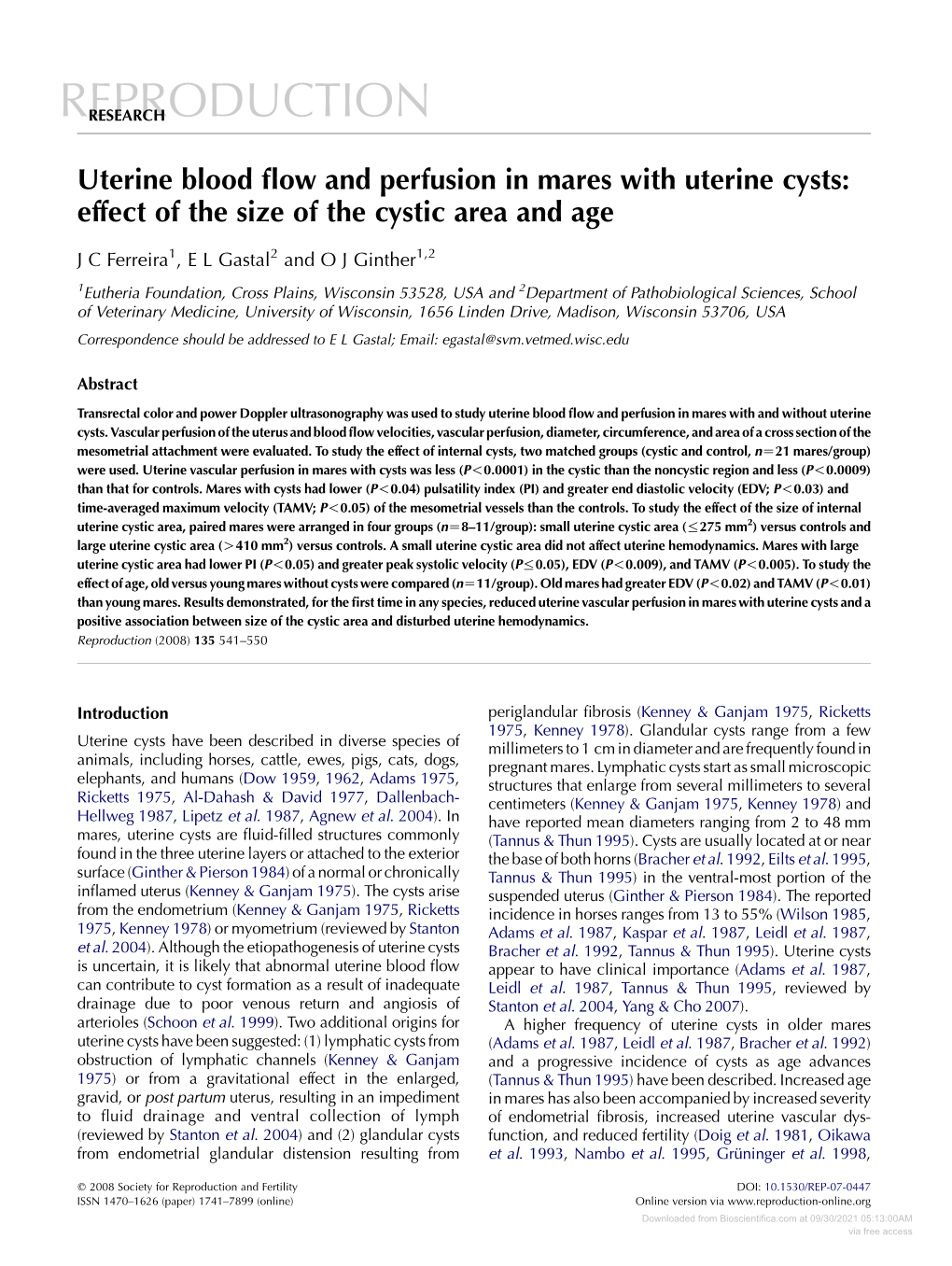 Uterine Blood Flow and Perfusion in Mares with Uterine Cysts