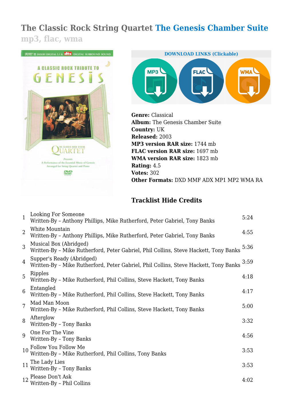 The Classic Rock String Quartet the Genesis Chamber Suite Mp3, Flac, Wma