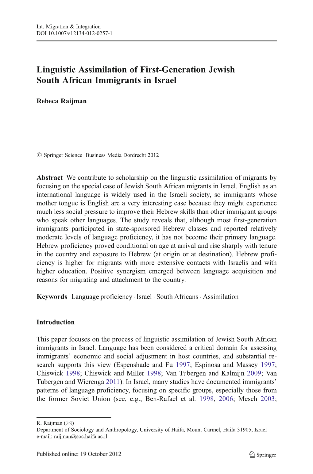 Linguistic Assimilation of First-Generation Jewish South African Immigrants in Israel