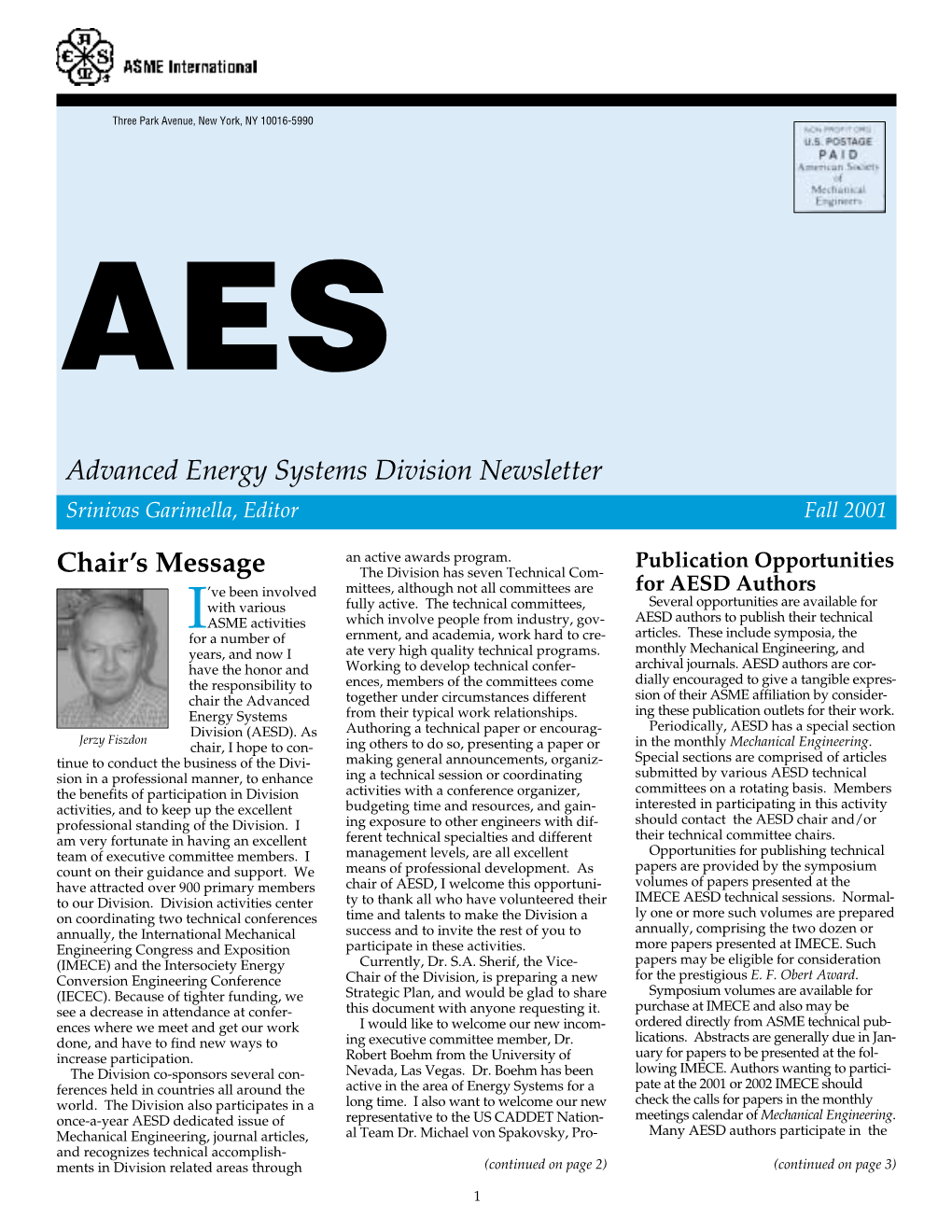 Chair's Message Advanced Energy Systems Division Newsletter