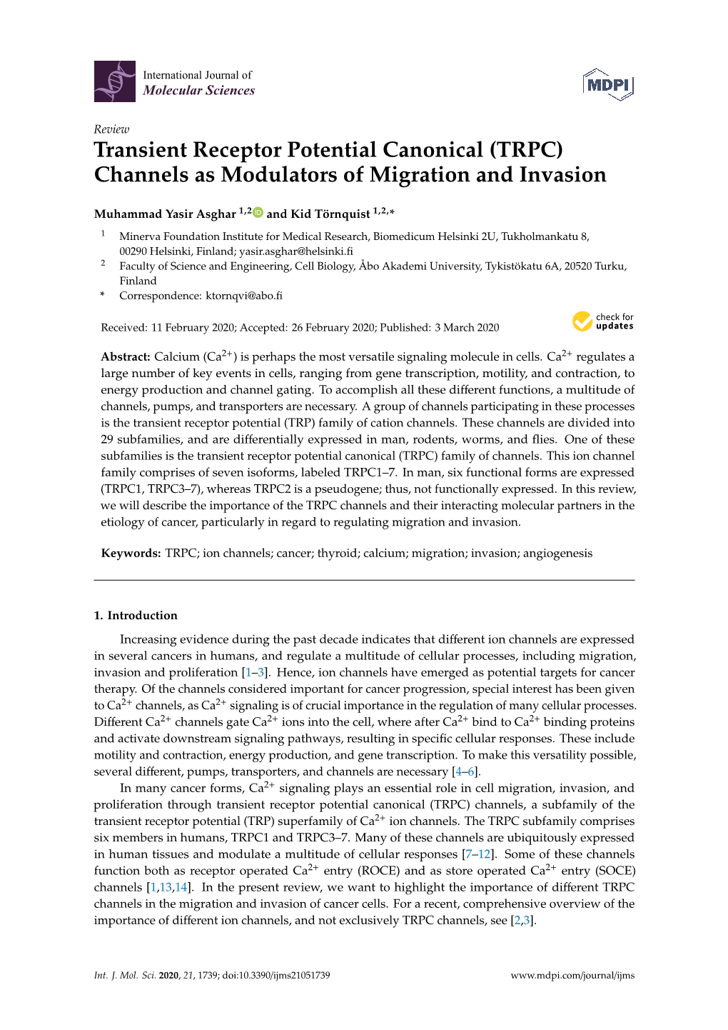 Transient Receptor Potential Canonical (TRPC) Channels As Modulators of Migration and Invasion