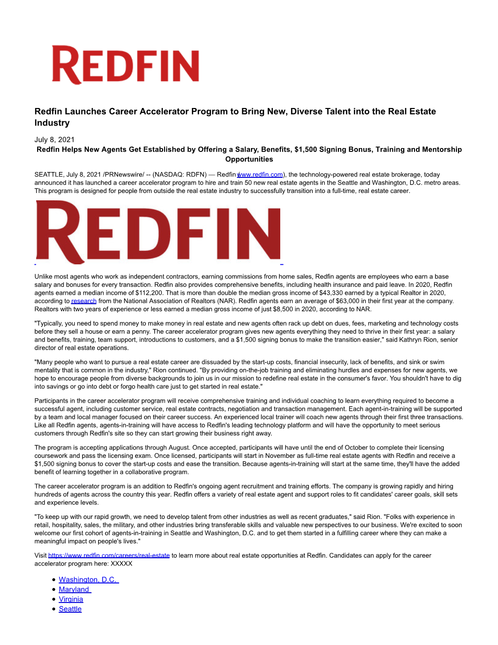 Redfin Launches Career Accelerator Program to Bring New, Diverse Talent Into the Real Estate Industry