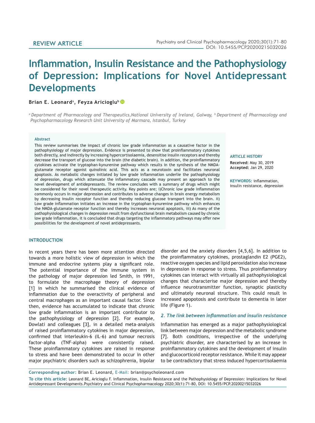 Inflammation, Insulin Resistance and the Pathophysiology of Depression: Implications for Novel Antidepressant Developments