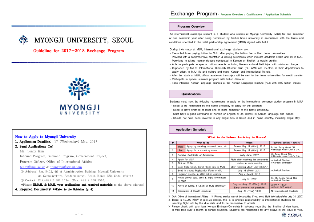 MYONGJI UNIVERSITY, SEOUL Conditions Specified in the Valid Partnership Agreement (MOU) Signed with MJU