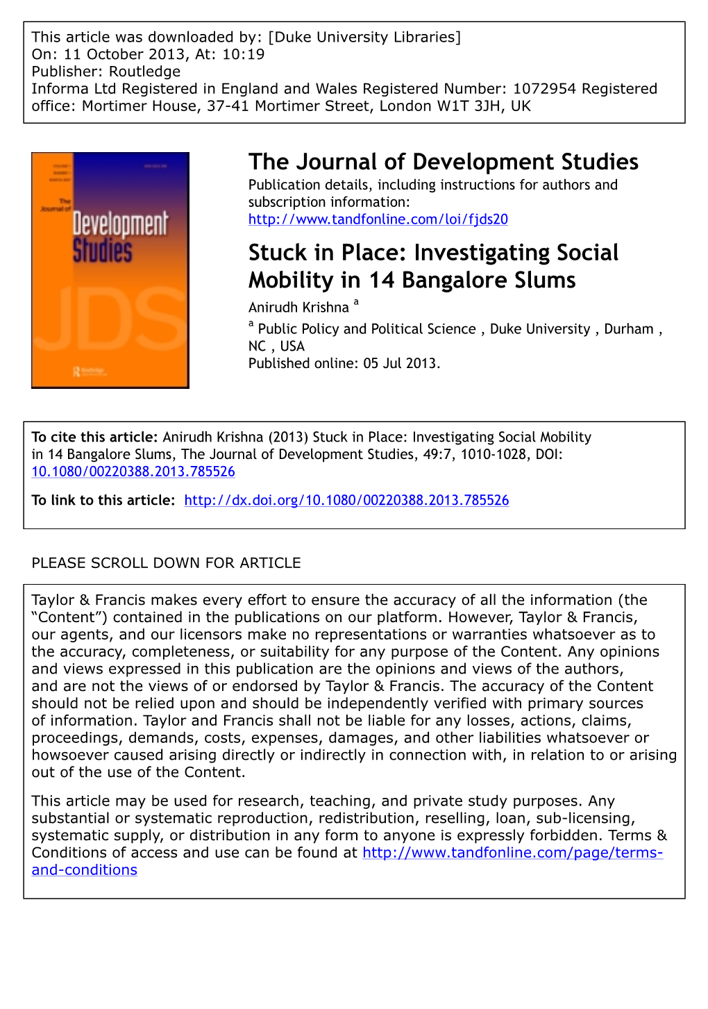 Stuck in Place: Investigating Social Mobility in 14 Bangalore Slums