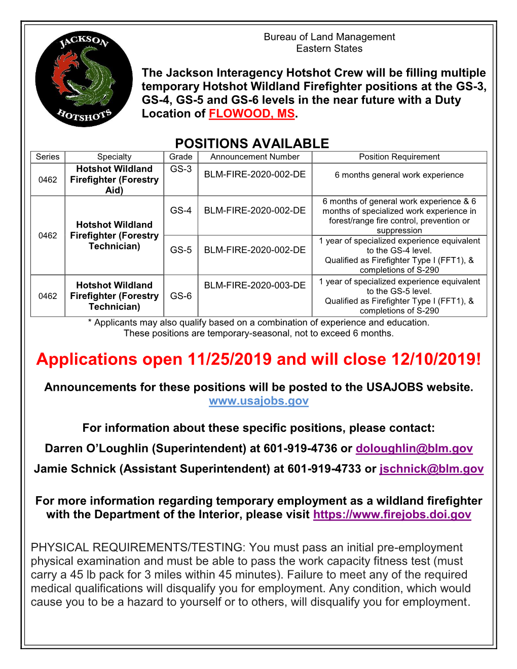 Jackson Hotshot Crew Application Flyer