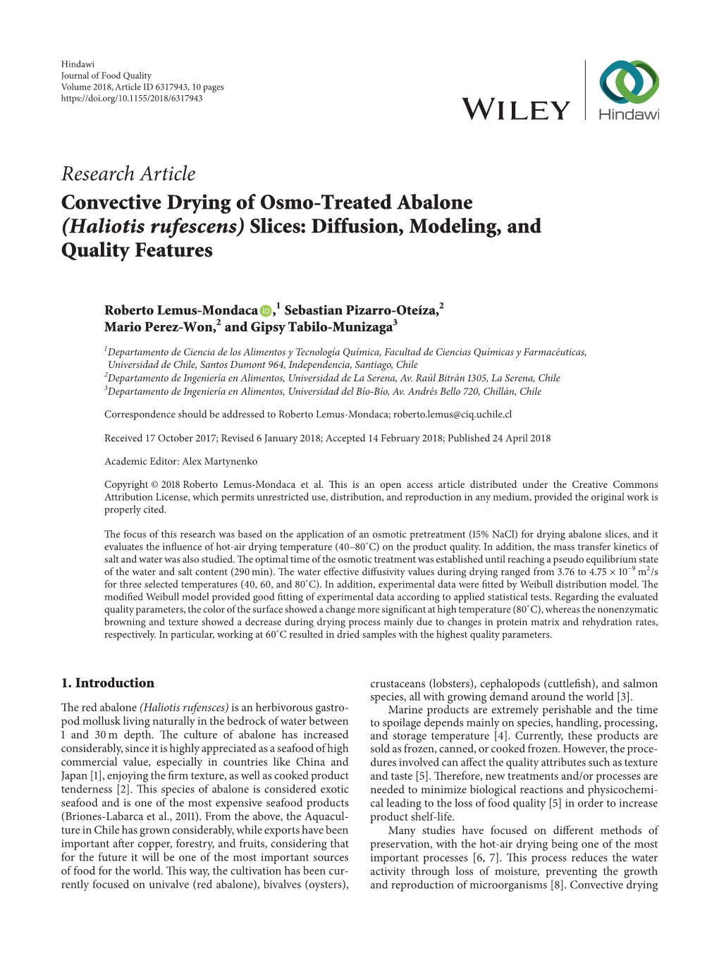 Convective Drying of Osmo-Treated Abalone (Haliotis Rufescens) Slices: Diffusion, Modeling, and Quality Features