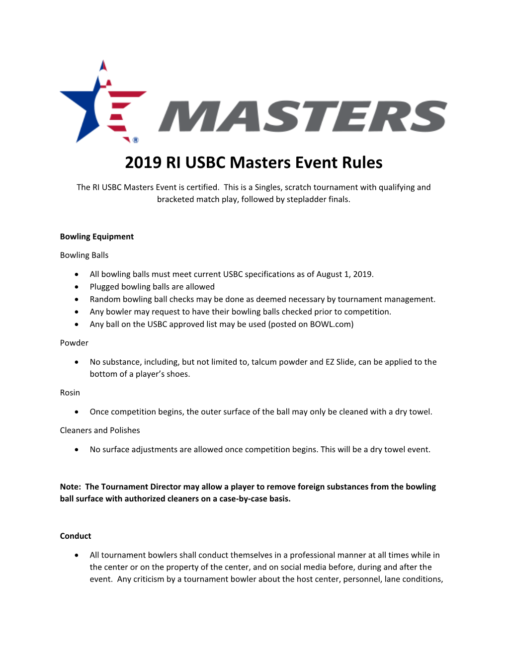 2019 RI USBC Masters Event Rules