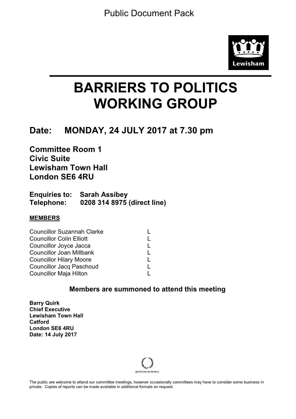 (Public Pack)Agenda Document for Barriers to Politics Working Group