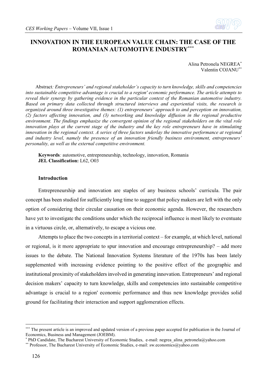 Innovation in the European Value Chain: the Case of the Romanian Automotive Industry***