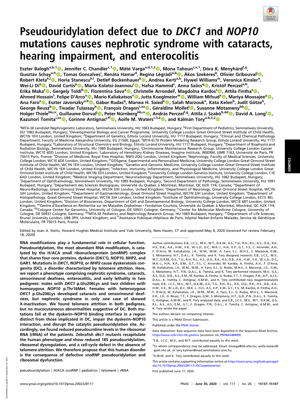 Pseudouridylation Defect Due to DKC1 and NOP10 Mutations Causes Nephrotic Syndrome with Cataracts, Hearing Impairment, and Enterocolitis