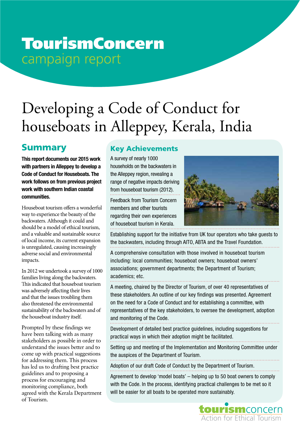 Developing a Code of Conduct for Houseboats in Alleppey, Kerala, India