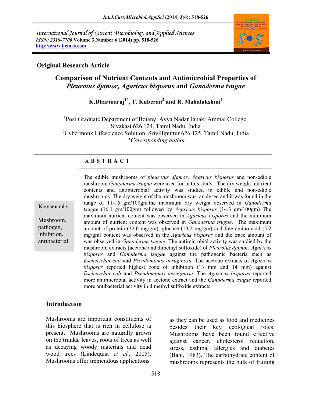 Comparison of Nutrient Contents and Antimicrobial Properties of Pleurotus Djamor, Agaricus Bisporus and Ganoderma Tsugae