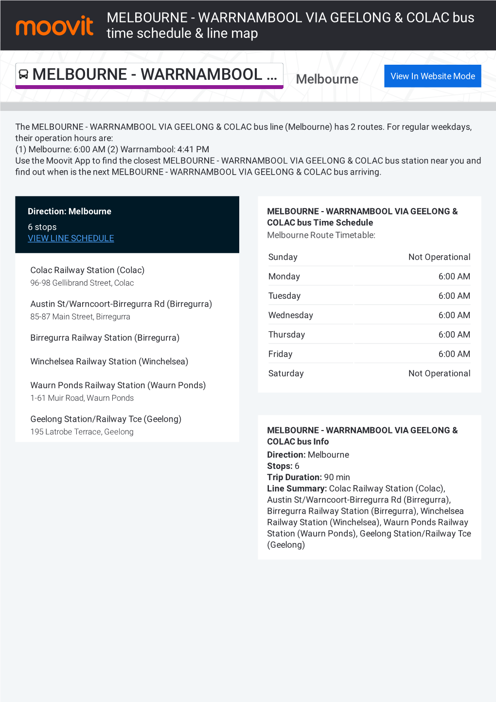 MELBOURNE - WARRNAMBOOL VIA GEELONG & COLAC Bus Time Schedule & Line Map