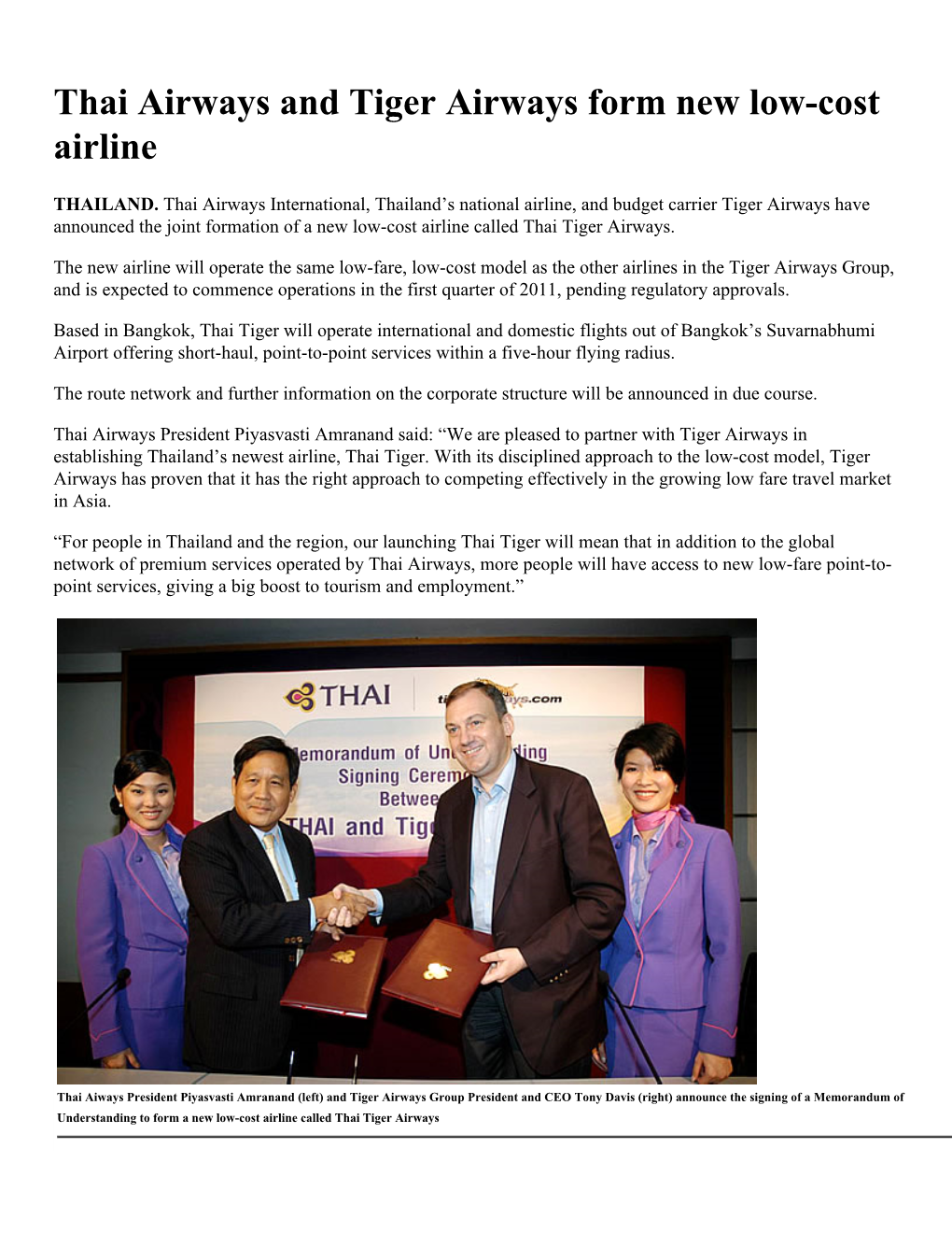 Thai Airways and Tiger Airways Form New Low-Cost Airline