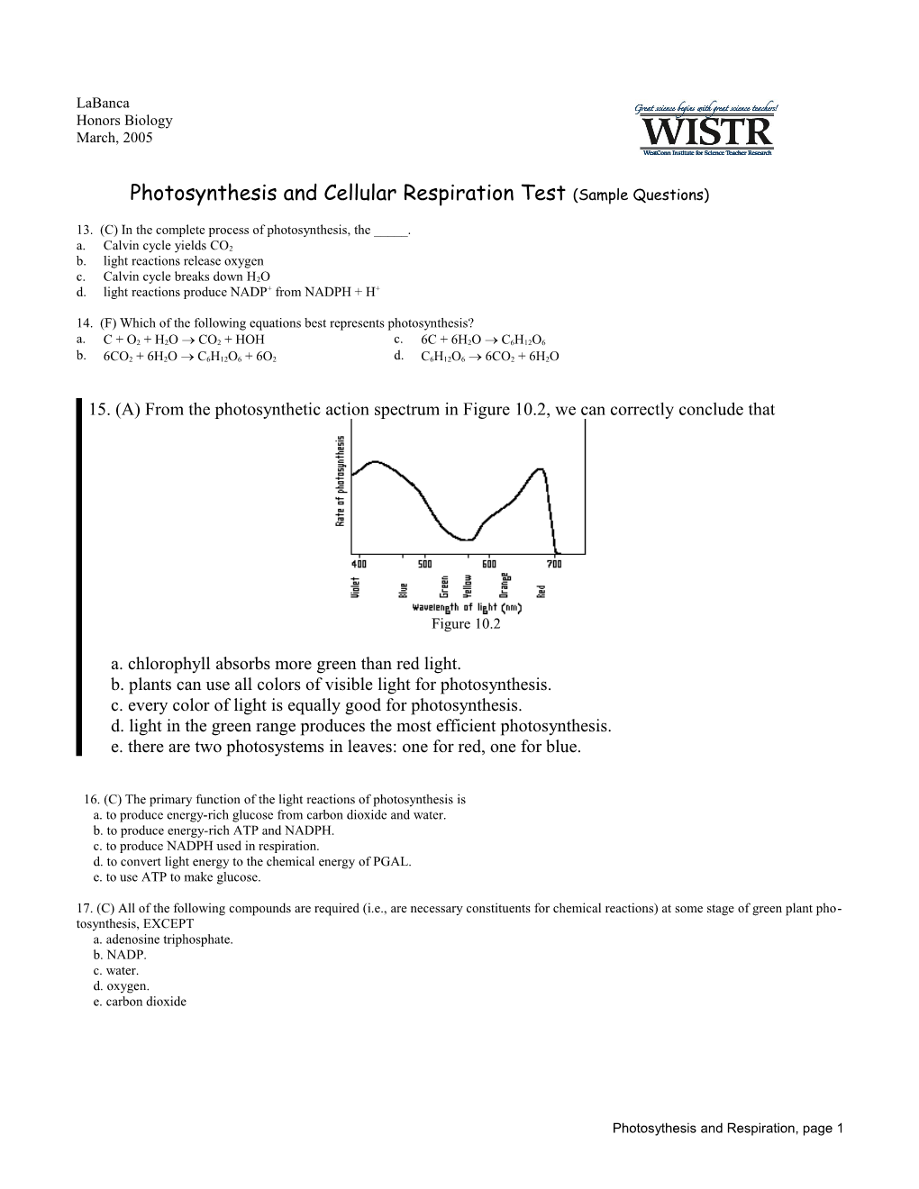 Photosynthesis and Cellular Respiration Test (Sample Questions)