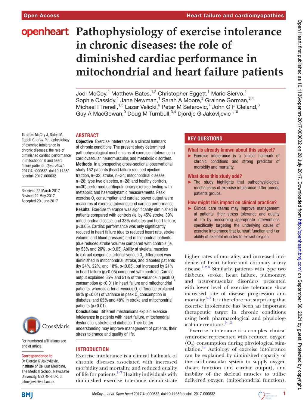 Pathophysiology of Exercise Intolerance in Chronic Diseases: the Role of Diminished Cardiac Performance in Mitochondrial and Heart Failure Patients
