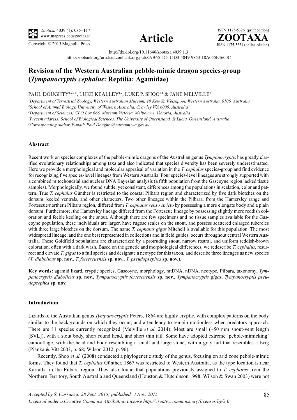 Revision of the Western Australian Pebble-Mimic Dragon Species-Group (Tympanocryptis Cephalus: Reptilia: Agamidae)