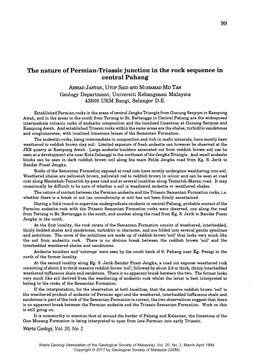 The Nature of Permian-Triassic Junction in the Rock Sequence in Central Pahang