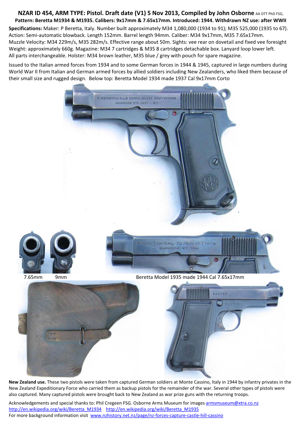 NZAR ID 454, ARM TYPE: Pistol. Draft Date (V1) 5 Nov 2013, Compiled by John Osborne AA DTT Phd FSG, Pattern: Beretta M1934 & M1935