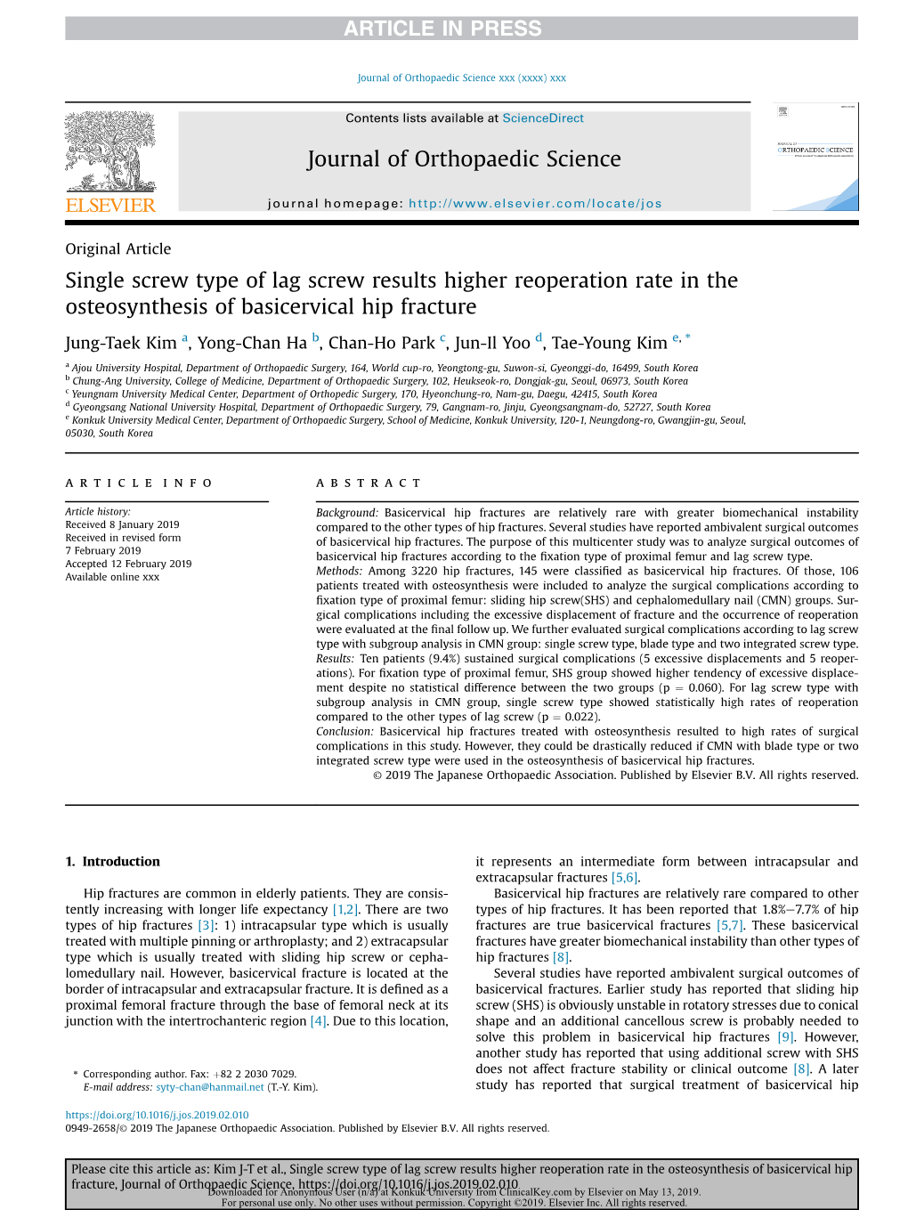 Single Screw Type of Lag Screw Results Higher Reoperation Rate in the Osteosynthesis of Basicervical Hip Fracture