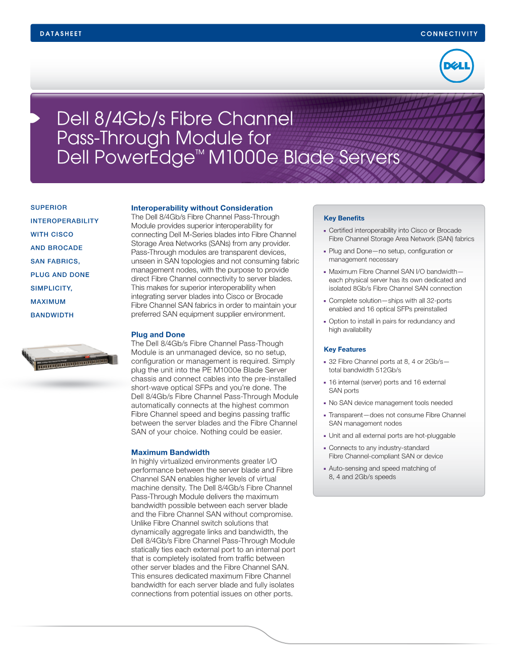 Dell 8/4Gb/S Fibre Channel Pass-Through Module for Dell Poweredge™ M1000e Blade Servers