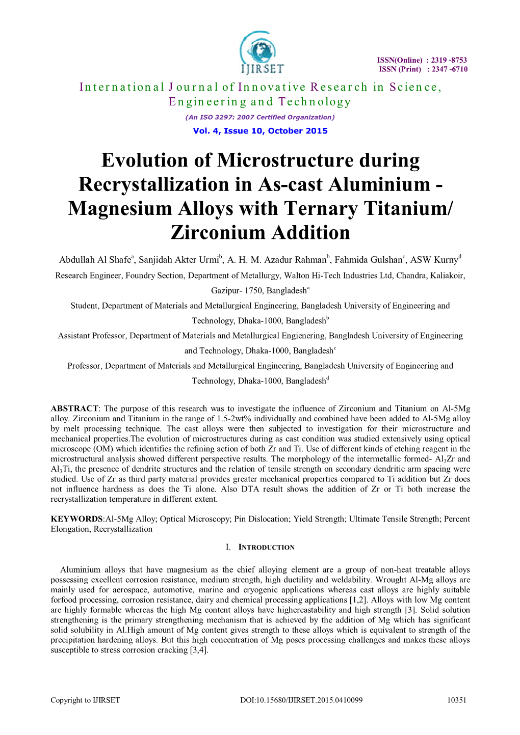 Evolution of Microstructure During Recrystallization in As-Cast Aluminium - Magnesium Alloys with Ternary Titanium/ Zirconium Addition