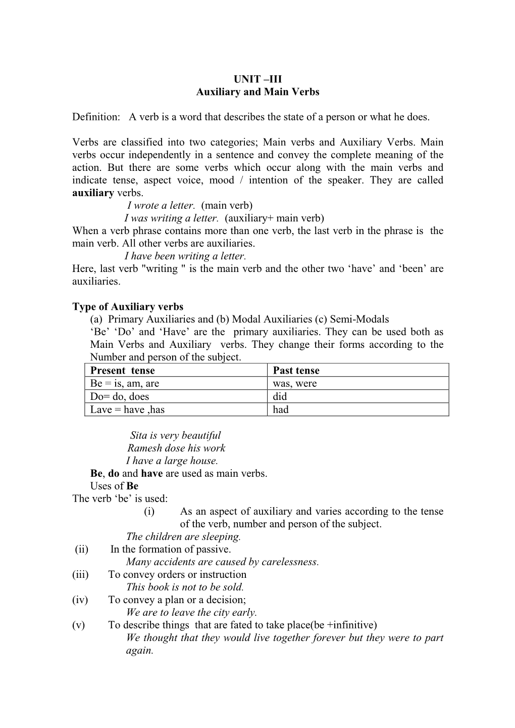 UNIT –III Auxiliary and Main Verbs Definition