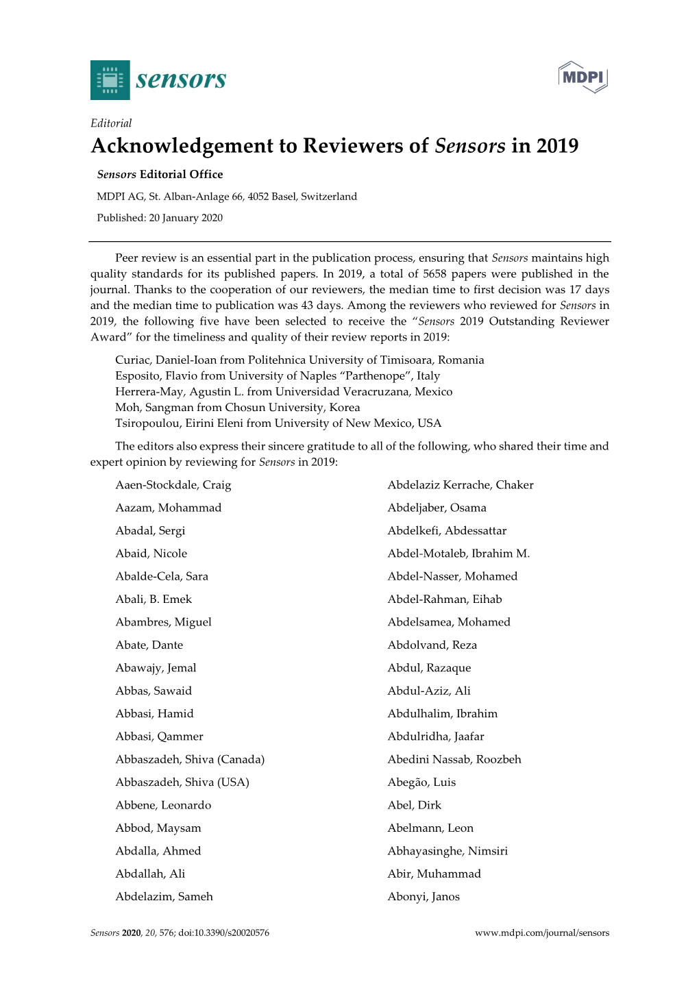 Acknowledgement to Reviewers of Sensors in 2019 Sensors Editorial Office