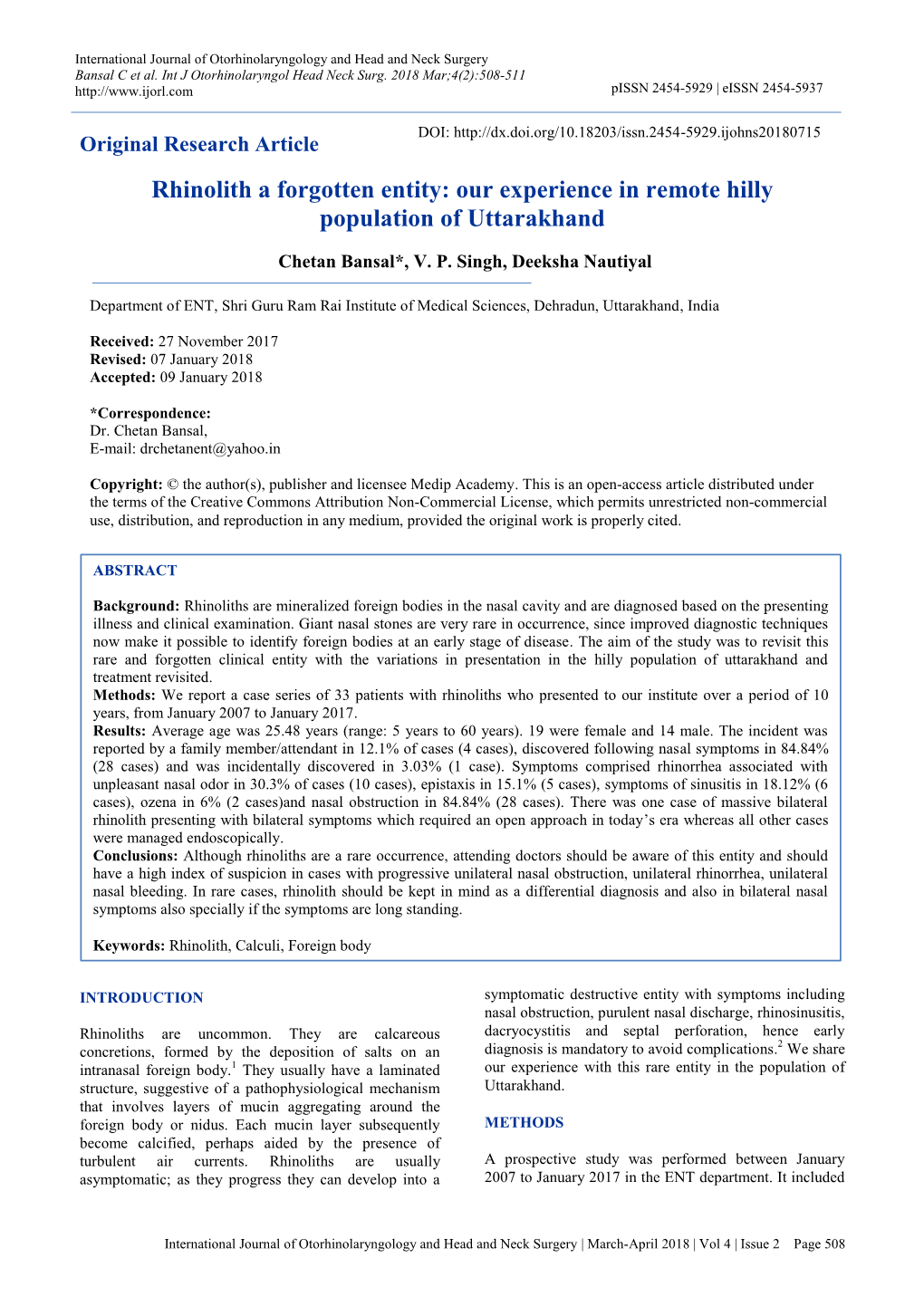 Rhinolith a Forgotten Entity: Our Experience in Remote Hilly Population of Uttarakhand