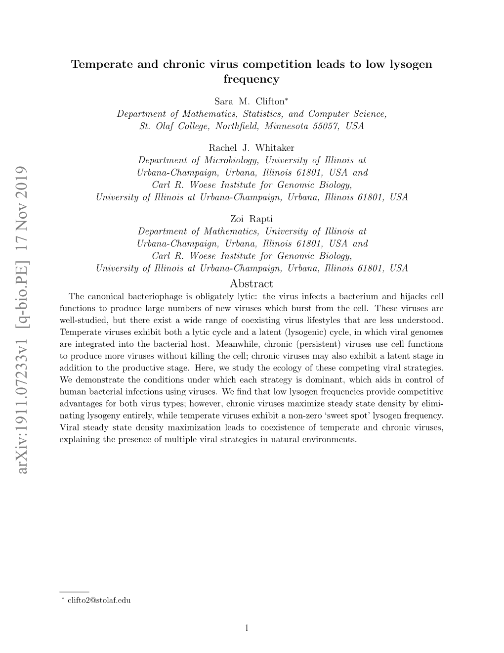 Arxiv:1911.07233V1 [Q-Bio.PE] 17 Nov 2019