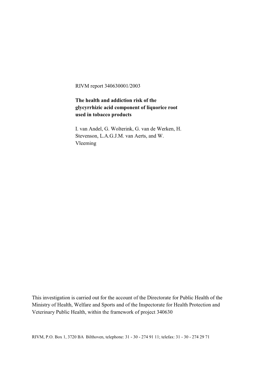 RIVM Report 340630001 the Health and Addiction Risk of the Glycyrrhizic