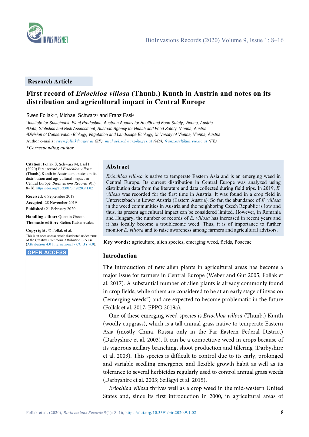 First Record of Eriochloa Villosa (Thunb.) Kunth in Austria and Notes on Its Distribution and Agricultural Impact in Central Europe