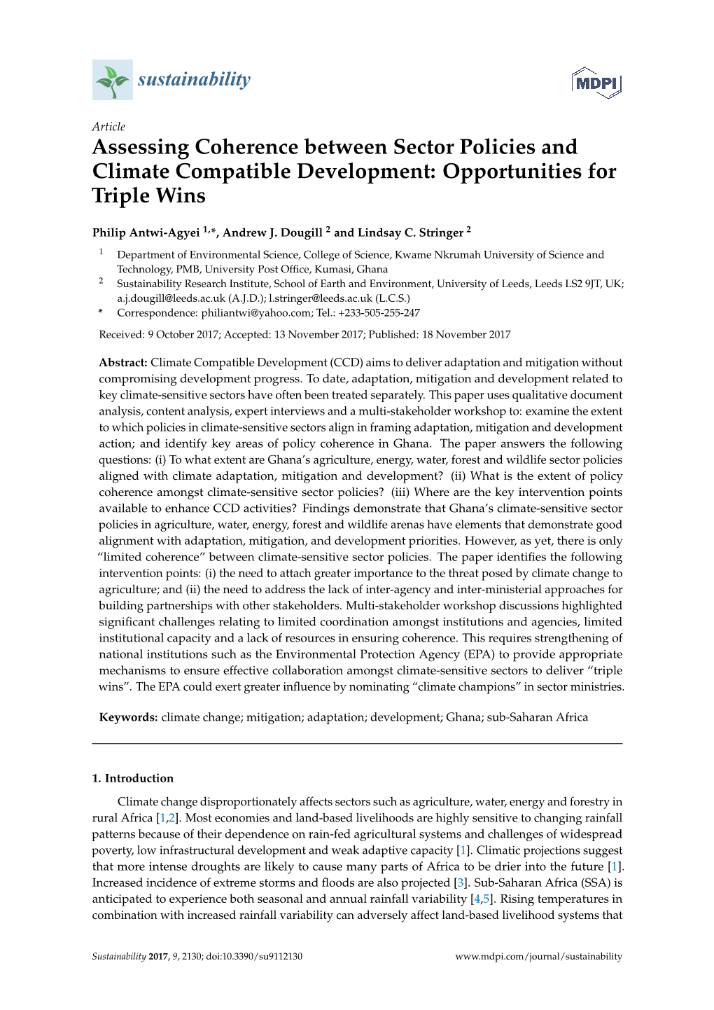 Assessing Coherence Between Sector Policies and Climate Compatible Development: Opportunities for Triple Wins