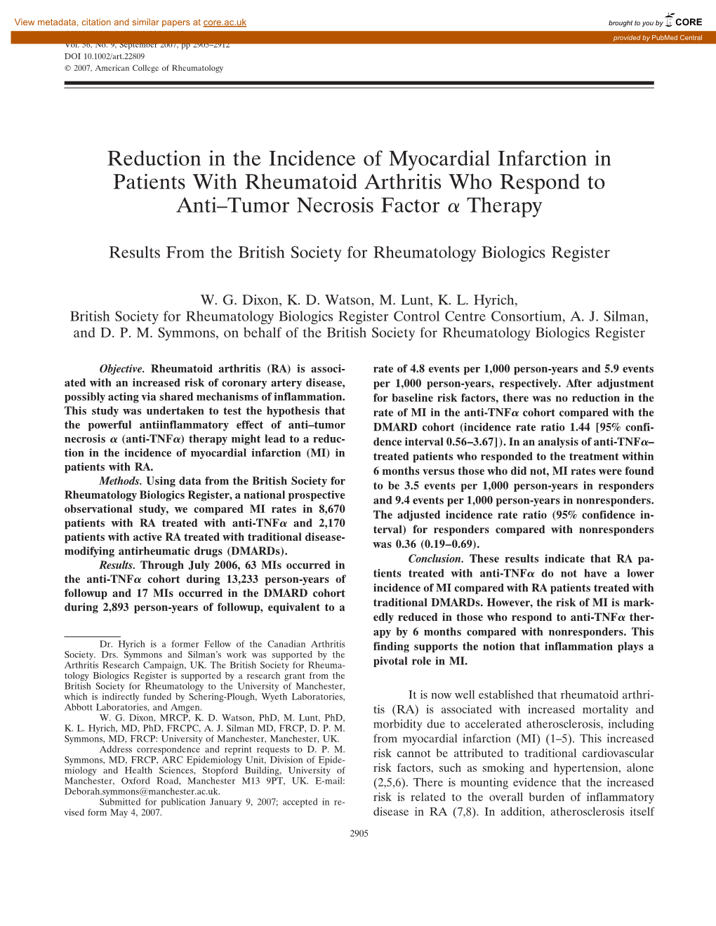 Reduction in the Incidence of Myocardial Infarction in Patients with Rheumatoid Arthritis Who Respond to Anti–Tumor Necrosis Factor ␣ Therapy