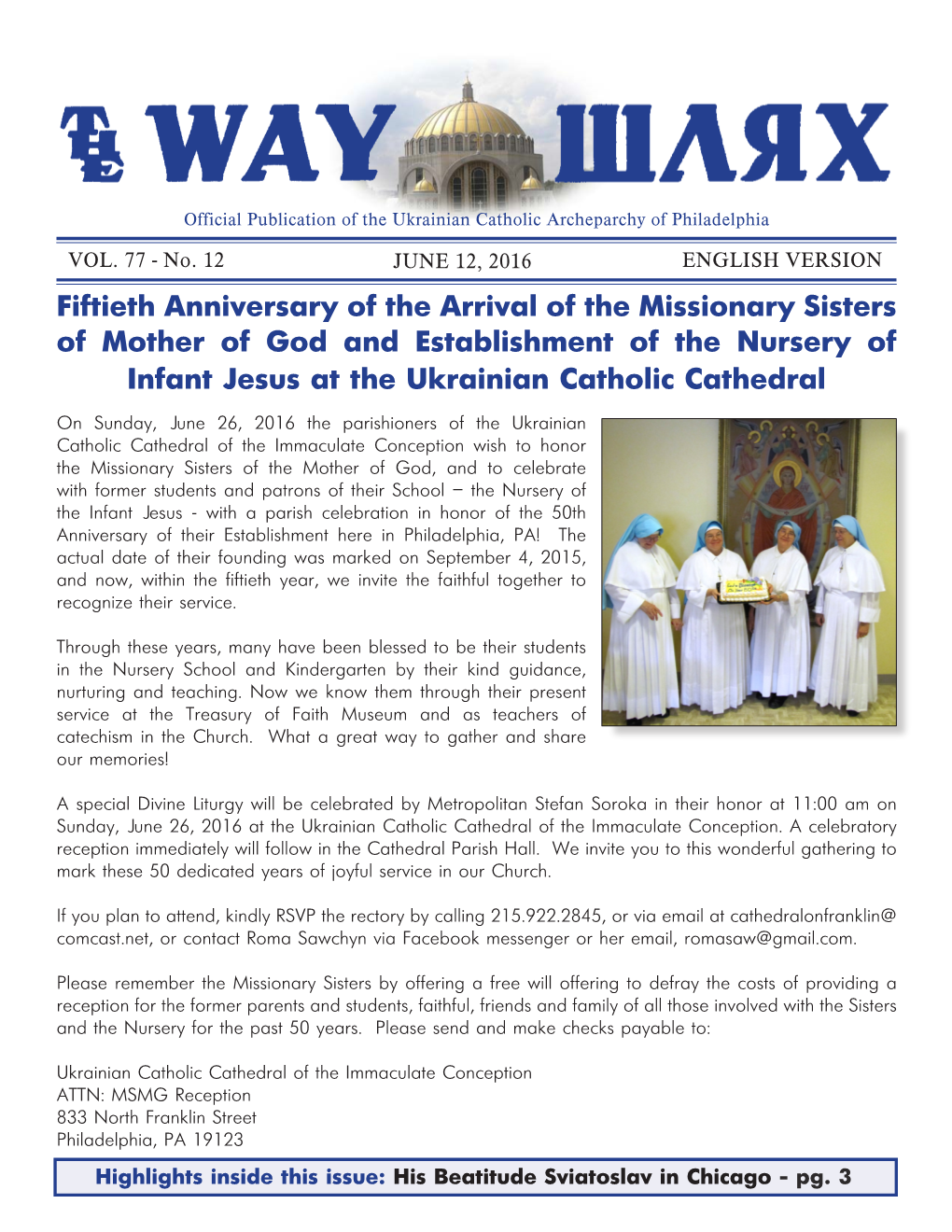 Fiftieth Anniversary of the Arrival of the Missionary Sisters of Mother of God and Establishment of the Nursery of Infant Jesus at the Ukrainian Catholic Cathedral