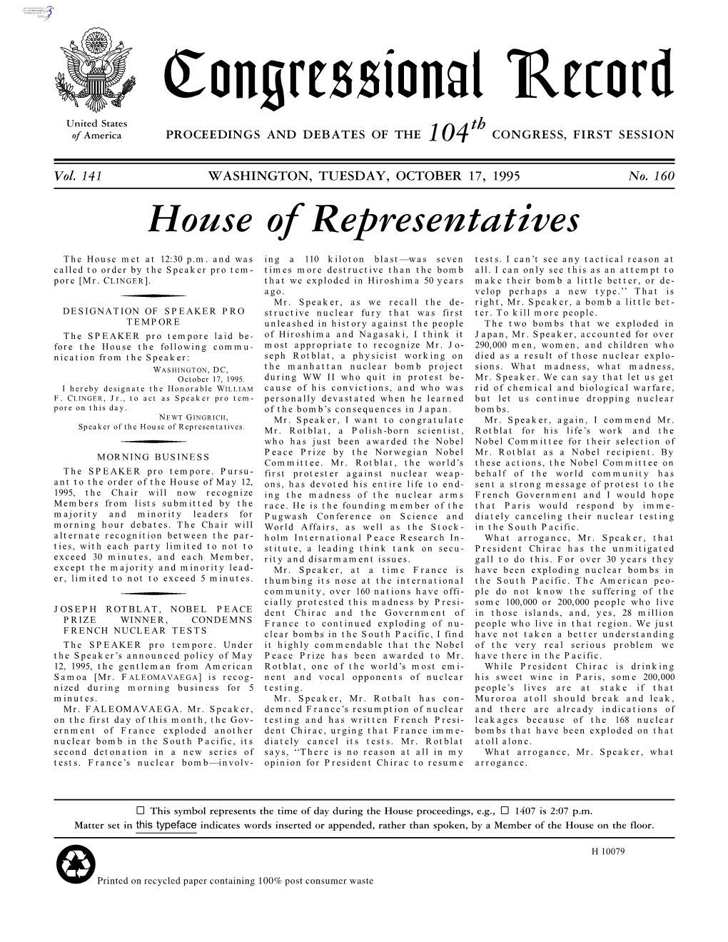 Congressional Record United States Th of America PROCEEDINGS and DEBATES of the 104 CONGRESS, FIRST SESSION