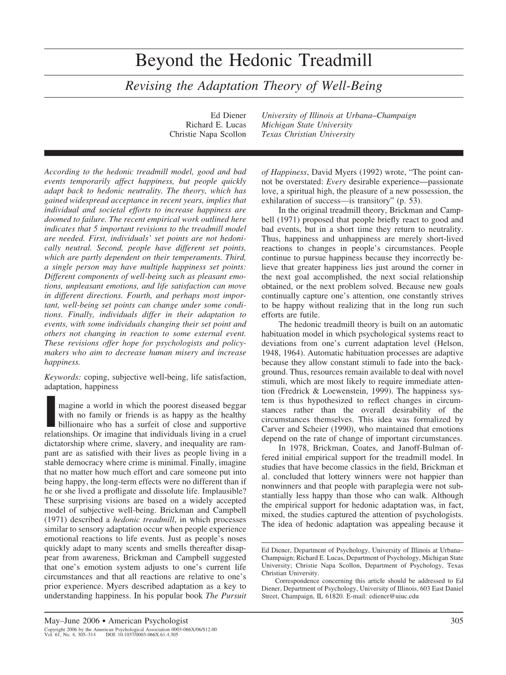 Hedonic Treadmill Revising the Adaptation Theory of Well-Being