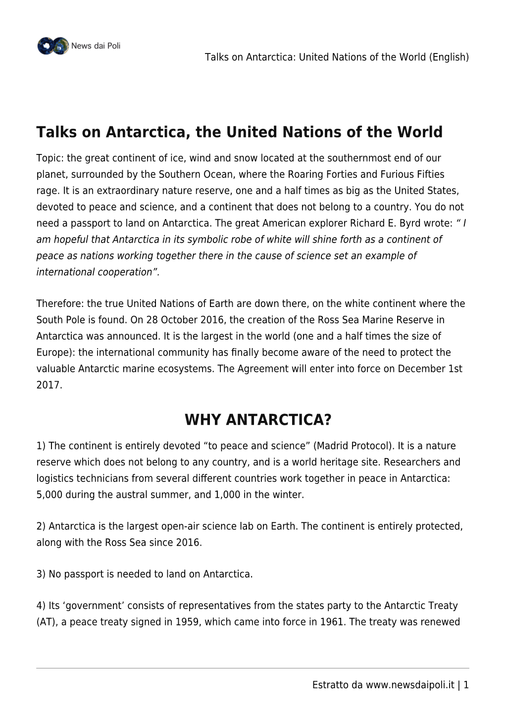 Talks on Antarctica: United Nations of the World (English)