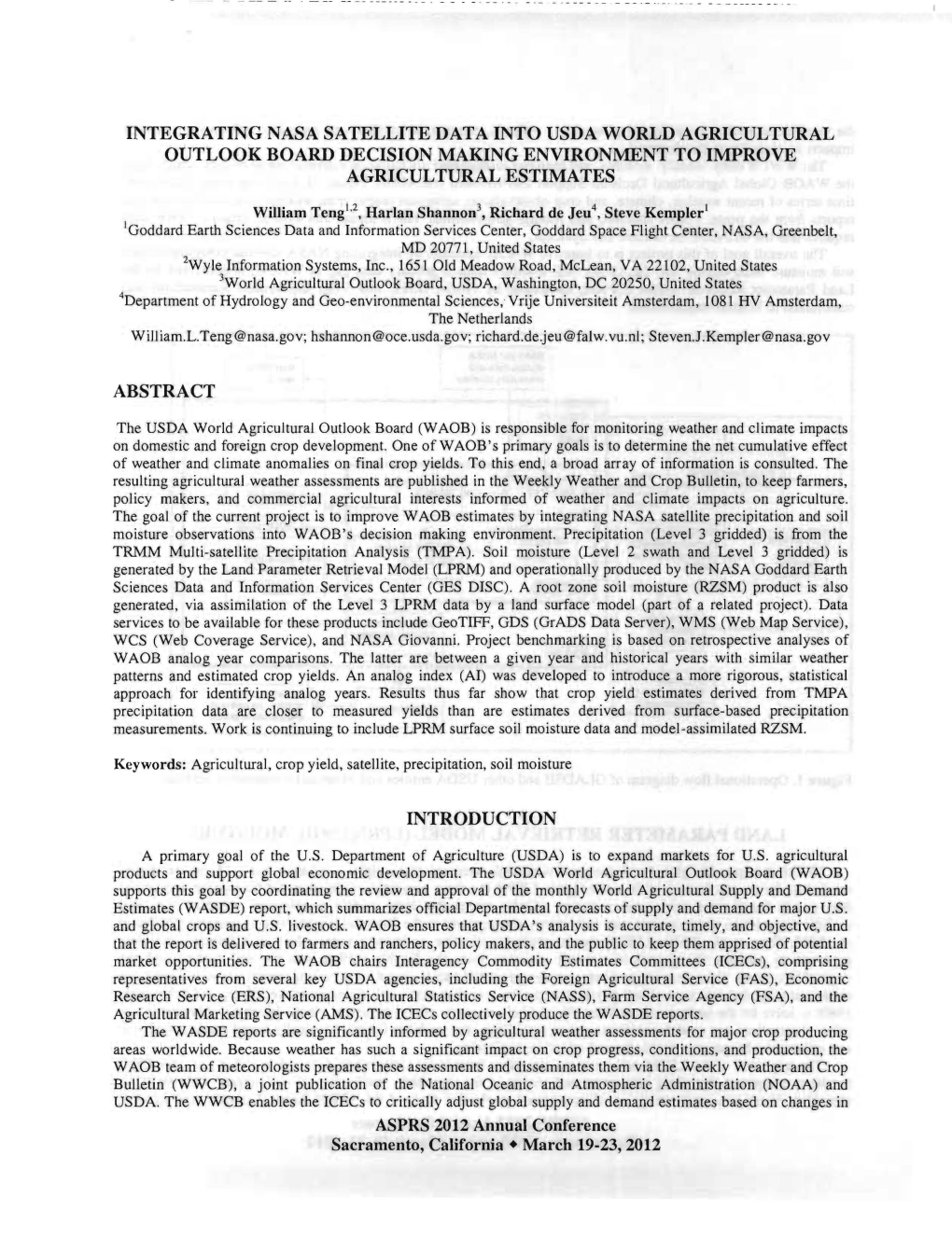 Integrating Nasa Satellite Data Into Usda World Agricultural Outlook Board Decision Making Environment to Improve Agricultural Estimates