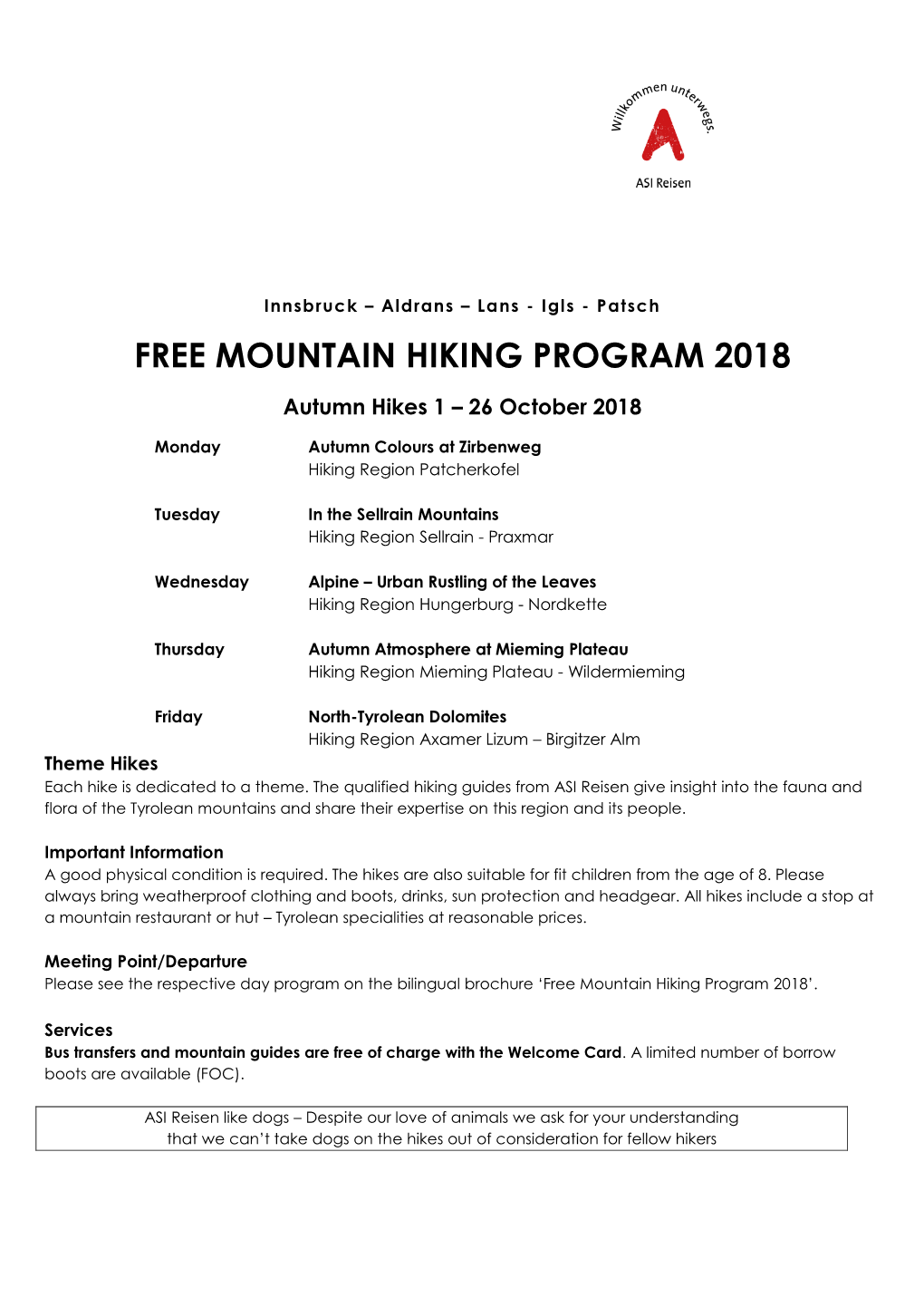 Free Mountain Hiking Program 2018