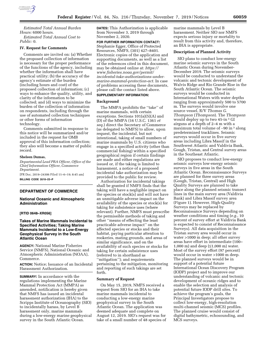 Federal Register/Vol. 84, No. 216/Thursday, November 7, 2019