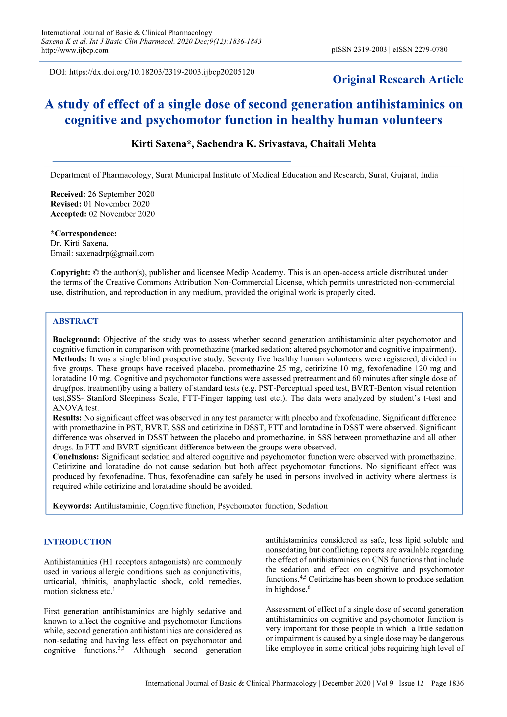 A Study of Effect of a Single Dose of Second Generation Antihistaminics on Cognitive and Psychomotor Function in Healthy Human Volunteers