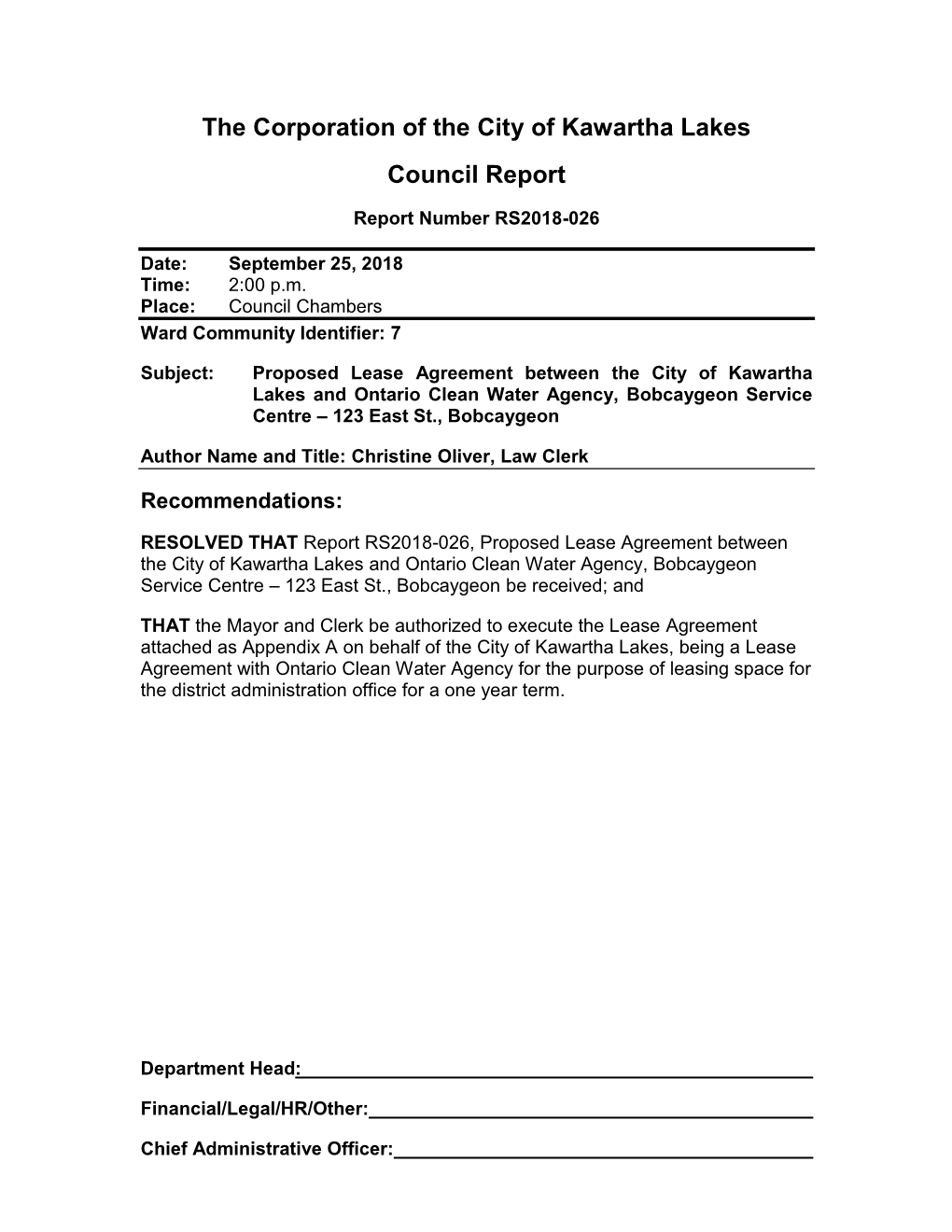 Proposed Lease Agreement Between the City of Kawartha Lakes and Ontario Clean Water Agency, Bobcaygeon Service Centre – 123 East St., Bobcaygeon