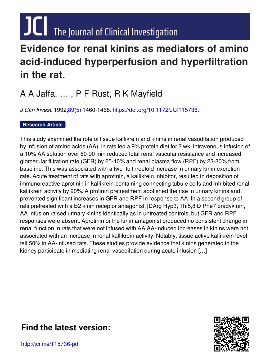 Evidence for Renal Kinins As Mediators of Amino Acid-Induced Hyperperfusion and Hyperfiltration in the Rat