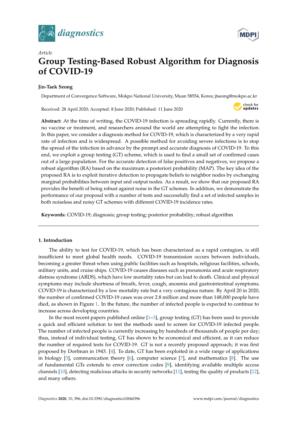 Group Testing-Based Robust Algorithm for Diagnosis of COVID-19